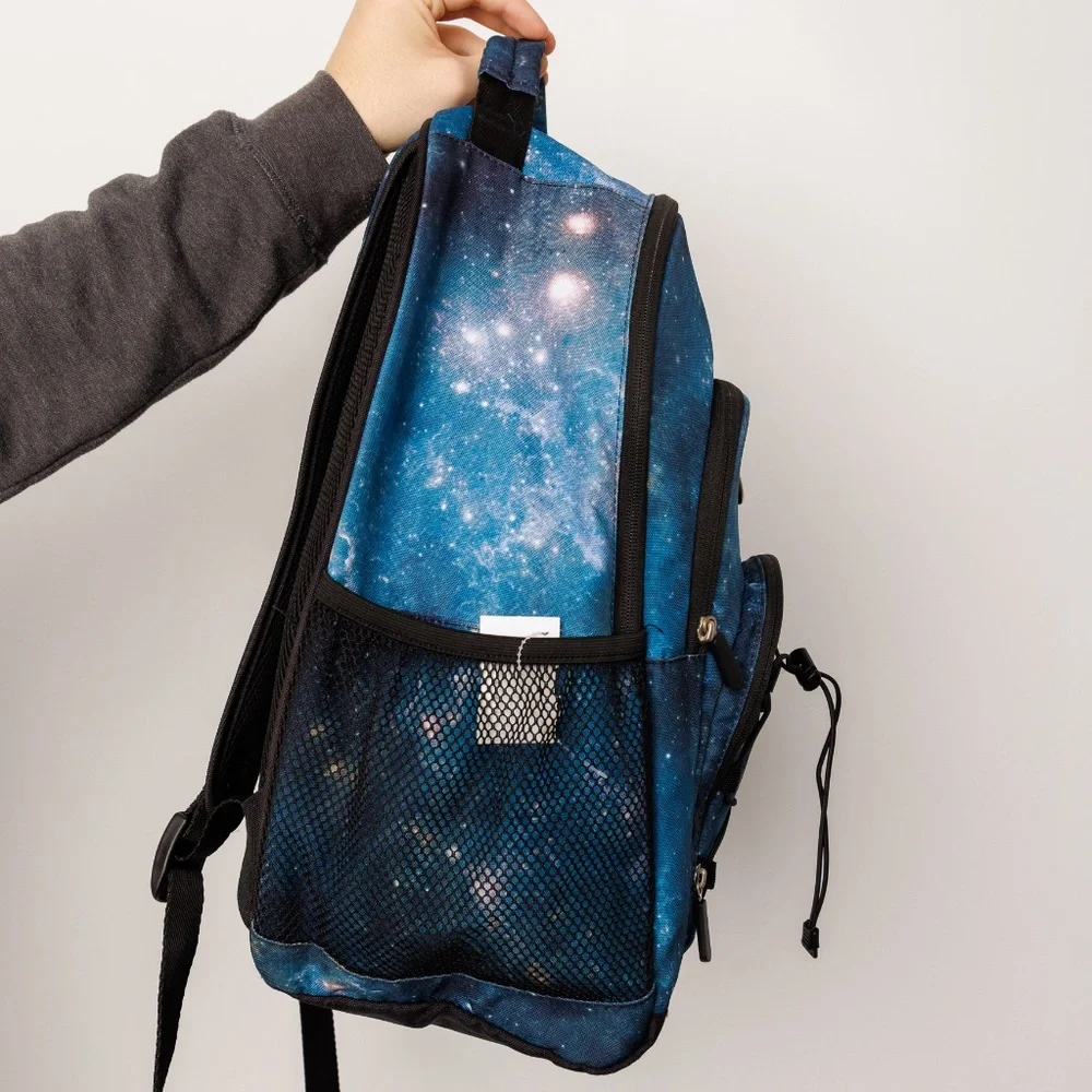 Large School Backpack Blue Universe Black Bottle Holders Laptop Front Pockets